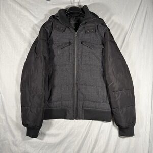 Marc Anthony Wool Blend Puffer Jacket Men's Medium Gray Black Hooded Zip Up Coat